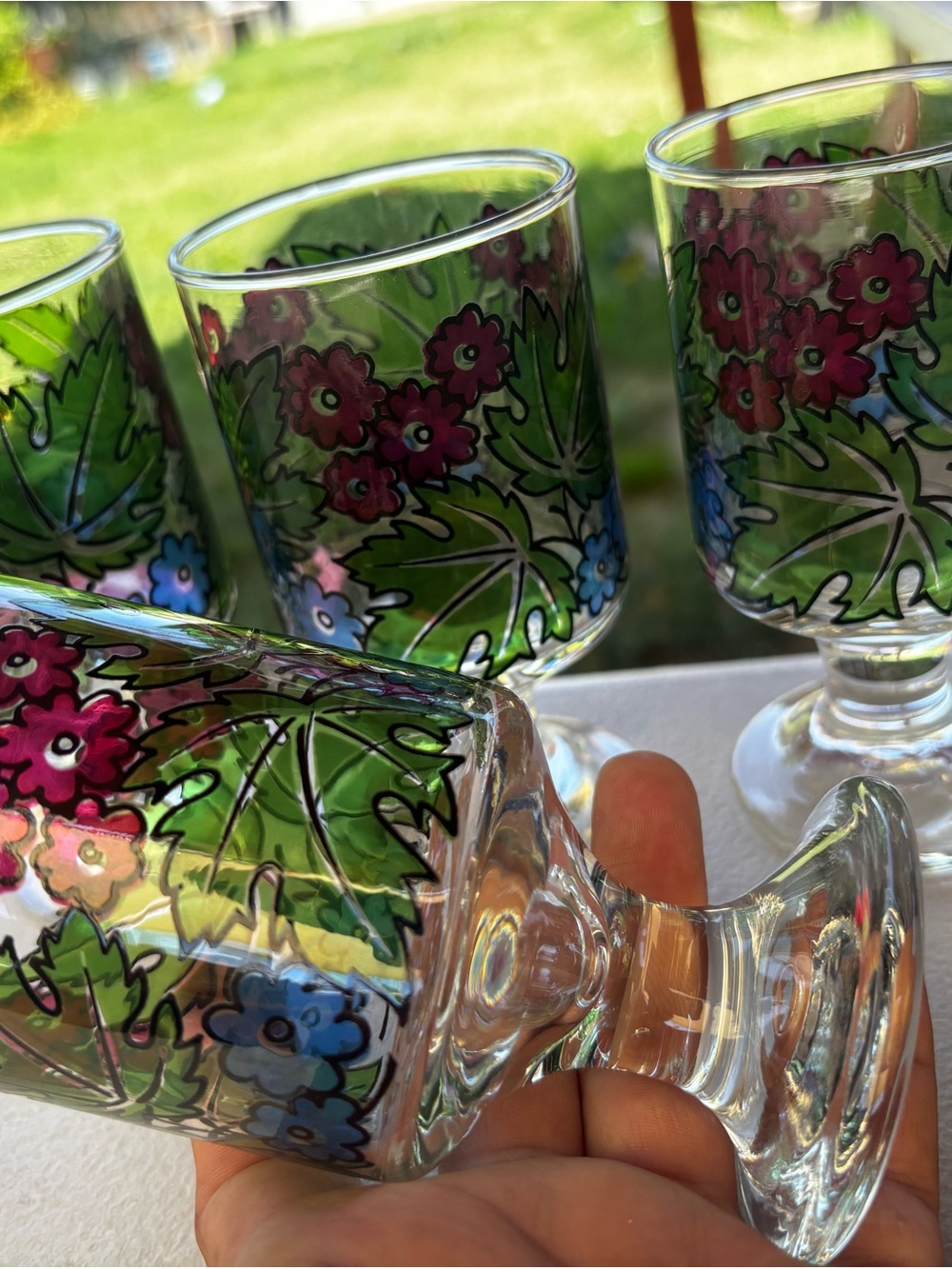 Tiffany Foliage pattern Glasses with Green Leaves and Red & Blue Flowers